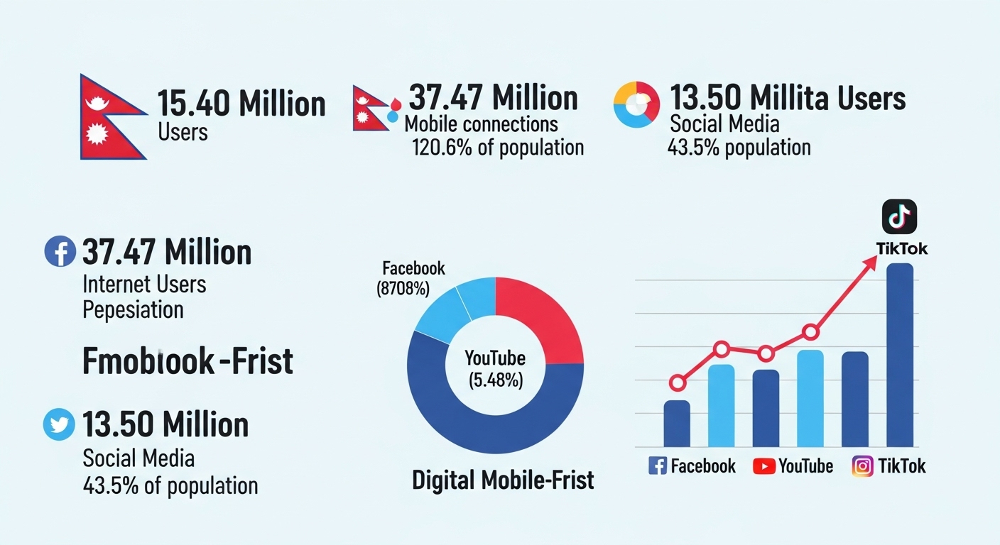 A dynamic infographic visualizing Nepal's digital landscape. Key data points should include: 15.40 million internet users (49.6% penetration), 37.47 million mobile connections (120.6% of population), and 13.50 million social media users (43.5% of population). Show social media platform dominance with a pie chart or bar graph, clearly indicating Facebook (87.08%), YouTube (5.46%), and the rapid growth of Instagram and TikTok. Emphasize a 'mobile-first' theme with modern design and vibrant colors, representing digital connectivity in Nepal.