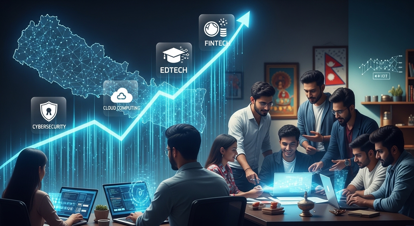 A dynamic image illustrating the growth and diversification of Nepal's IT industry. Show an upward trending graph or digital streams overlaid on a subtle map of Nepal, with distinct icons representing key IT segments like Fintech, EdTech, Cloud Computing, and Cybersecurity. Include elements of a modern, collaborative Nepali tech workforce, suggesting innovation and economic impact.