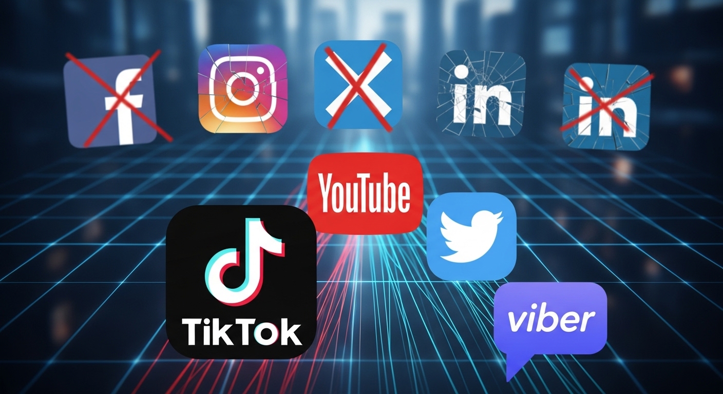 A visual representation of Nepal's digital landscape undergoing a significant change. Prominently feature iconic social media logos (Facebook, Instagram, X, LinkedIn, YouTube) in a faded, shattered, or crossed-out state, while the logos for TikTok and Viber are vibrant and prominent. The background could hint at a Nepali urban scene or digital network, symbolizing the recent ban and the rise of new primary platforms.
