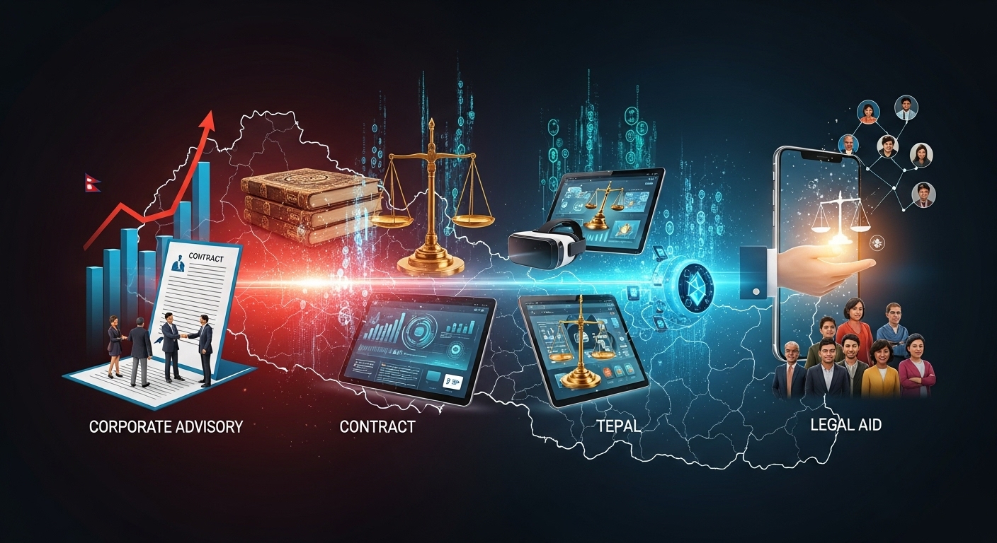 A conceptual image representing the dynamic and multifaceted nature of Nepal's contemporary legal market, showing a blend of traditional legal elements with modern technology, perhaps with elements symbolizing corporate advisory and tech-enabled legal aid, set against a subtle backdrop of Nepal.