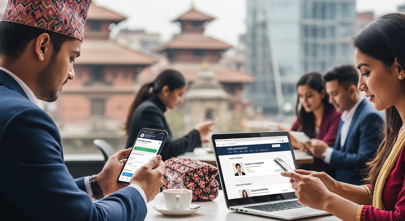 An image visualizing the "digital-first" behavior of Nepali consumers seeking legal services, showing people using smartphones and laptops to access legal information, search directories, and engage with professional content, emphasizing trust and information seeking. The image should convey a sense of modern digital interaction in a Nepali context.