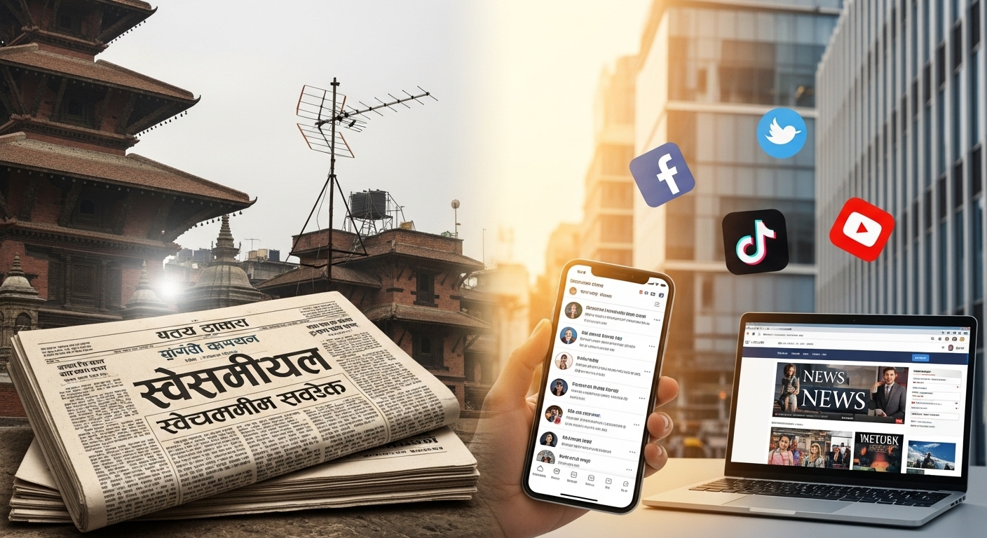 A visual metaphor depicting traditional Nepali media (newspapers, TV antennas) fading or struggling, while digital devices (smartphones, laptops) and social media icons glow brightly, symbolizing the shift from print dominance to digital disruption in Nepal. Include elements of Nepalese culture or architecture subtly in the background, suggesting a blend of old and new.
