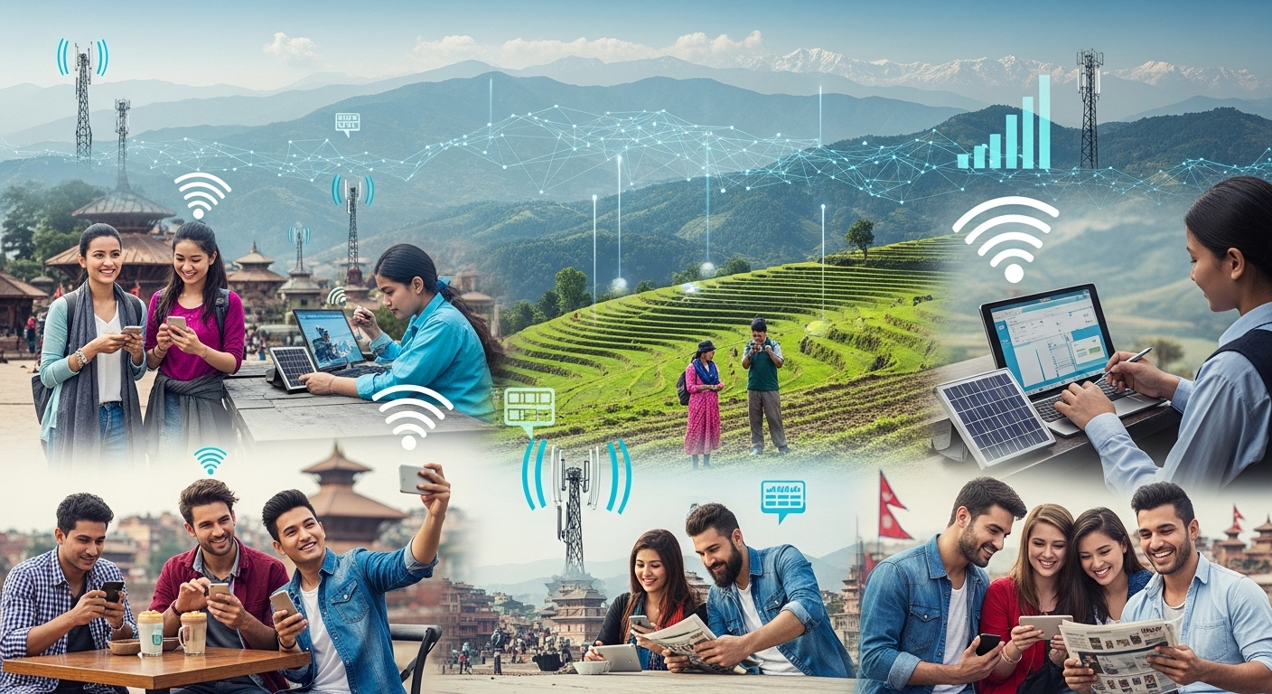 A dynamic image illustrating high mobile connectivity and internet penetration in Nepal. Show diverse Nepali people, from urban to rural settings, interacting with smartphones and digital tablets, possibly streaming content or reading news. Emphasize the 'mobile-first' aspect, with elements hinting at rapid digital growth and widespread network coverage across the country.