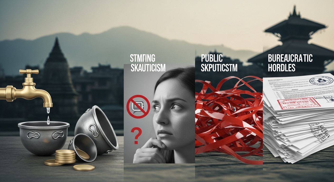 A conceptual image depicting the struggles of Non-Governmental Organizations (NGOs) in Nepal, showing elements of financial strain (e.g., empty coffers, shrinking funds), public skepticism (e.g., a distrustful gaze, a 'no' symbol), and bureaucratic hurdles. The backdrop should subtly suggest Nepal, perhaps with traditional architecture or the Himalayan foothills in the distance, conveying a sense of the challenges they face.