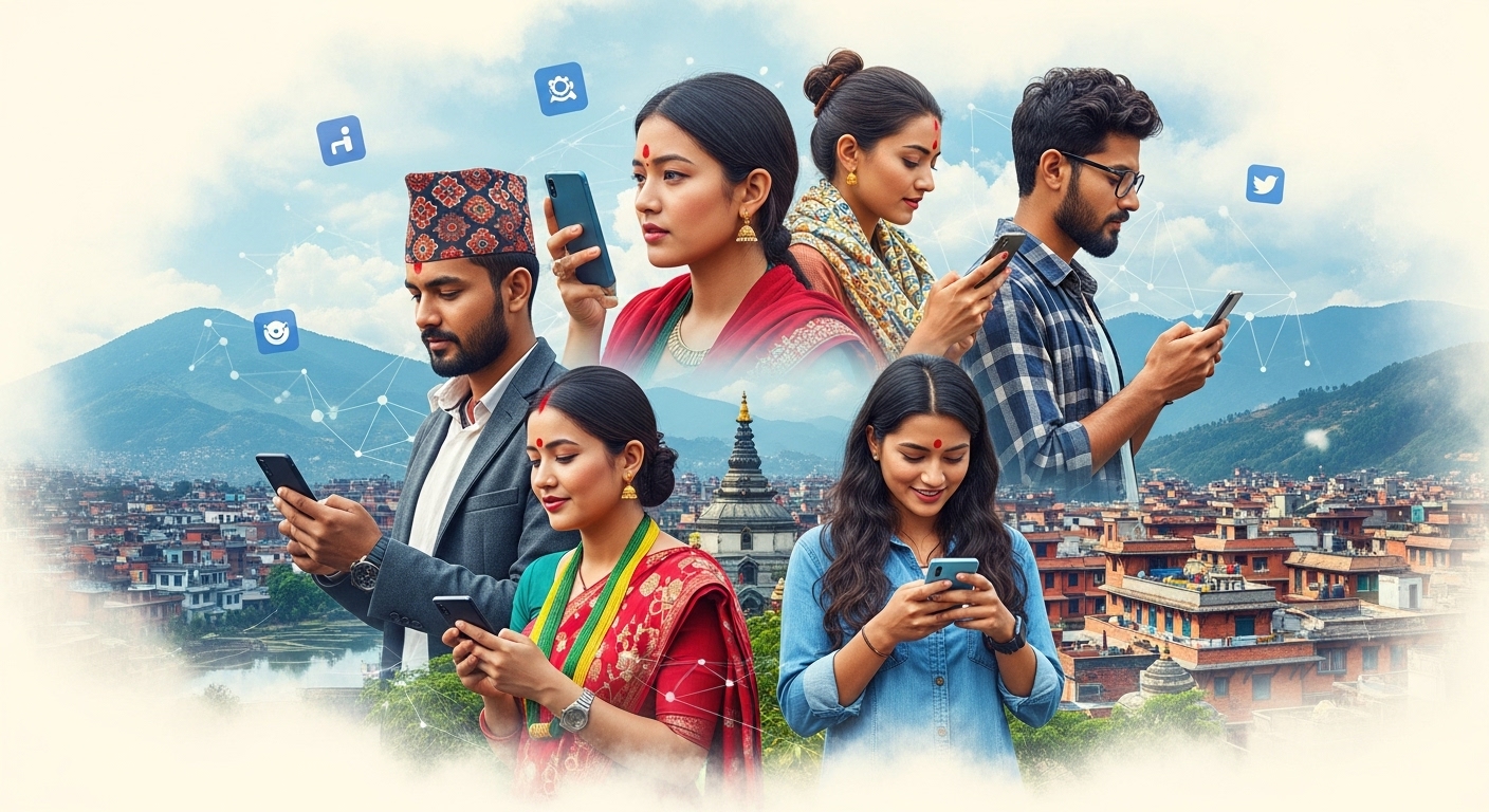 A dynamic and colorful image illustrating Nepal's rapid digital transition. Show diverse Nepali people, from urban youth to individuals in more traditional settings, actively engaging with smartphones and digital devices. Include subtle visual cues of social media icons or network connectivity overlaying a vibrant Nepali landscape, such as the Kathmandu valley or a rural village, symbolizing both connection and opportunity.