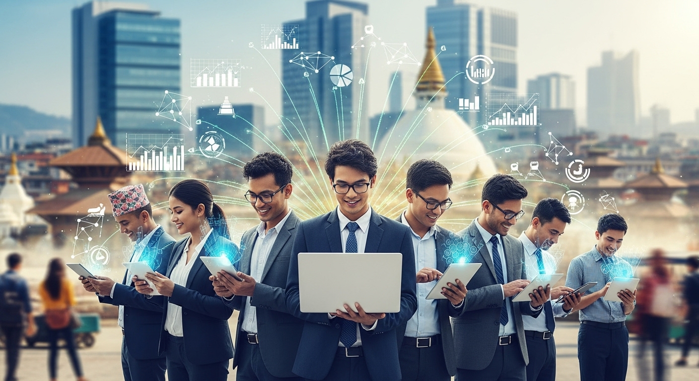 A visual representation of Nepal's digital connectivity and B2B growth, showing a diverse group of Nepalese business professionals (including men and women) using laptops, tablets, and smartphones, with digital charts or network lines connecting them. The background should feature elements of modern Kathmandu or other Nepalese cities, emphasizing a bustling, connected environment and the "fertile ground" for digital business.