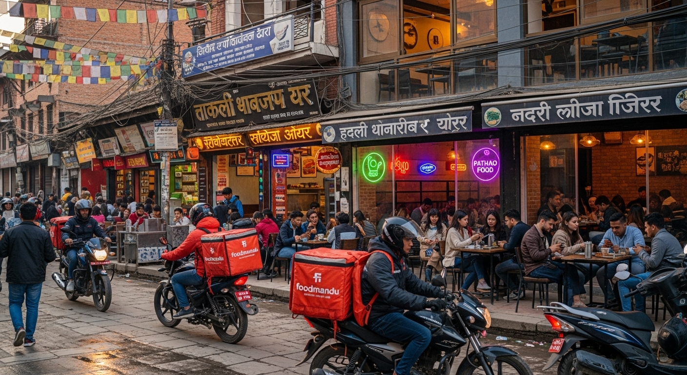 Digital Marketing for Nepal Restaurants: Grow in 2025 1 A vibrant and dynamic street scene in an urban Nepalese city like Kathmandu, showcasing a mix of traditional Nepali eateries (Thakali, Newari), modern cafes bustling with young people, and hints of food delivery riders. The atmosphere should be lively, diverse, and forward-looking, reflecting the evolving culinary landscape and the influence of Gen Z.