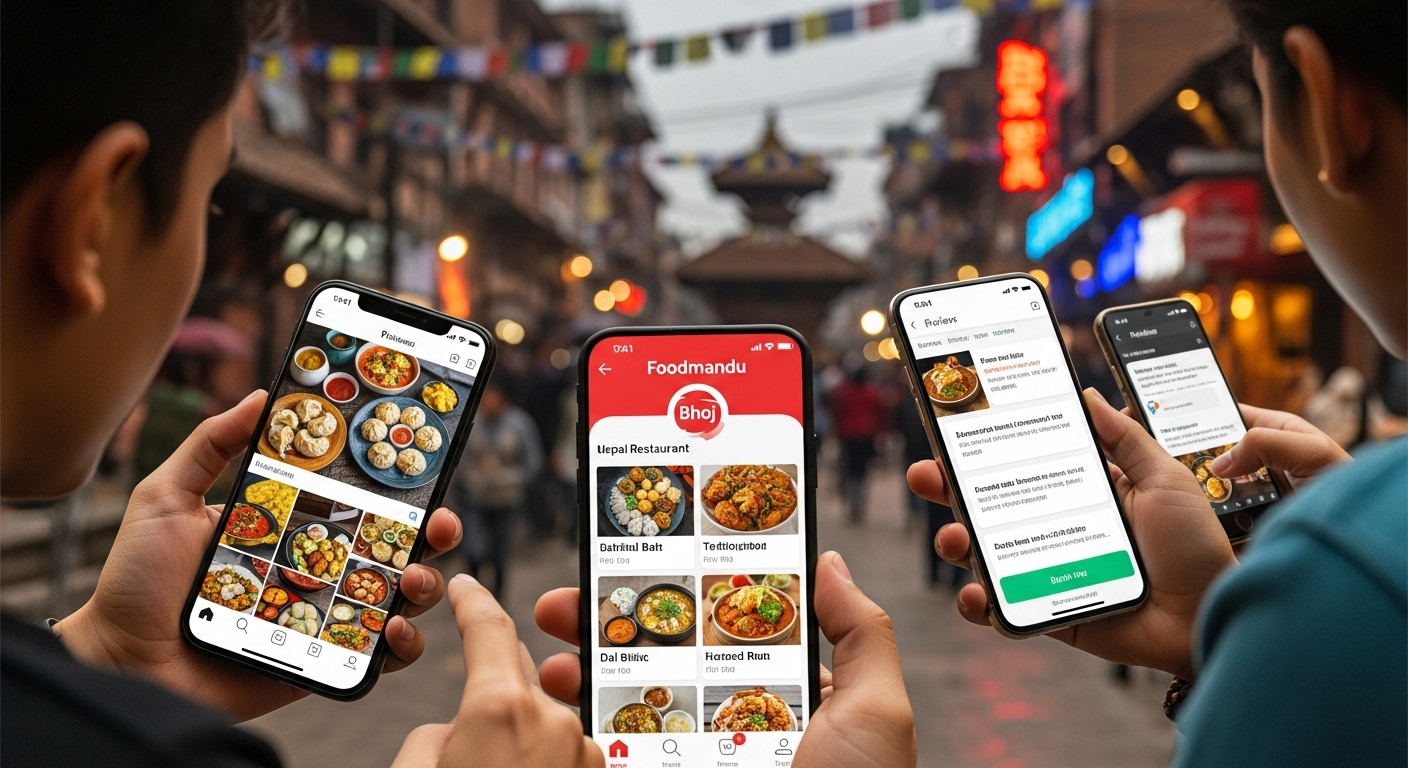 Digital Marketing for Nepal Restaurants: Grow in 2025 2 A composite image or a scene depicting a modern Nepali diner interacting with various digital touchpoints for food. Show someone scrolling through Instagram/TikTok looking at appetizing food photos, another person checking reviews on a phone, and a hand holding a smartphone with a food delivery app open. The background could subtly suggest a vibrant, urban Nepali setting.