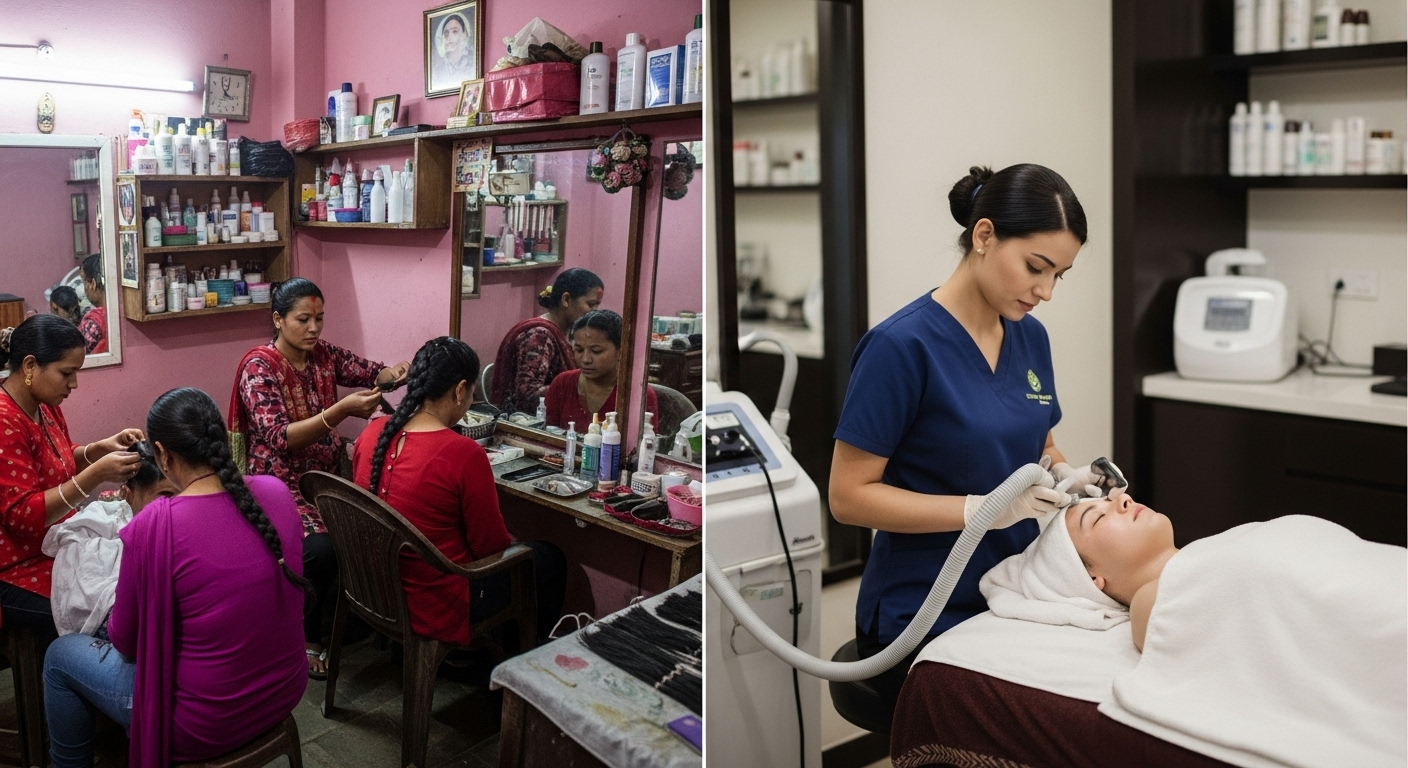 A split image or diptych contrasting two scenes from Nepal's beauty industry. On one side, a small, bustling, traditional Nepali beauty parlor with simple decor, a few women (clients and staff), and basic services being offered (e.g., hair braiding, simple makeup). On the other side, a modern, luxurious Nepalese spa or high-end salon, with sleek design, elegant ambiance, a professional therapist offering a specialized treatment (e.g., facial or massage), and sophisticated equipment. Both scenes should authentically represent Nepal, with subtle cultural touches, and the overall image should convey the 'tale of two tiers'.