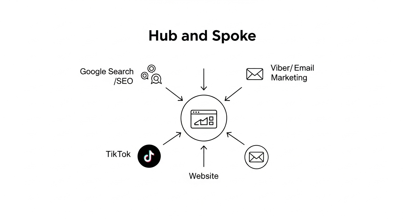 A minimalist diagram illustrating a 'hub-and-spoke' digital marketing model. In the center, a clear 'Website' icon as the hub. Surrounding it, several 'spokes' leading to it, represented by icons for 'Google Search/SEO', 'TikTok', and 'Viber/Email Marketing'. Arrows should point from the spokes towards the central website, emphasizing traffic flow. The aesthetic should be modern, clean, and professional, reflecting digital strategy.