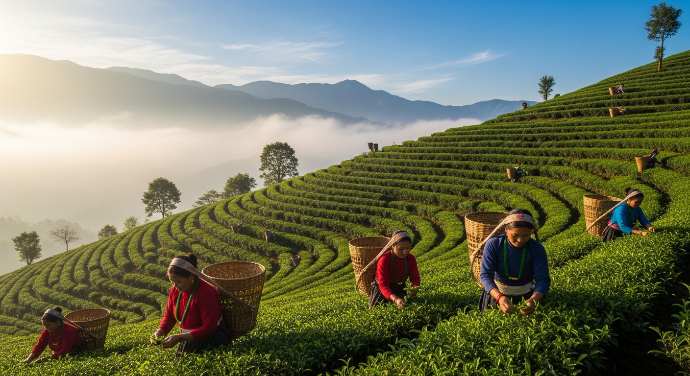 A scenic photograph of traditional smallholder tea farming in the high-altitude Himalayan foothills of Nepal. Show Nepali farmers, possibly women, carefully hand-plucking tea leaves from lush green tea bushes. The background should feature terraced hills and misty mountains, conveying the artisanal, community-centric, and authentic nature of Nepali tea production.