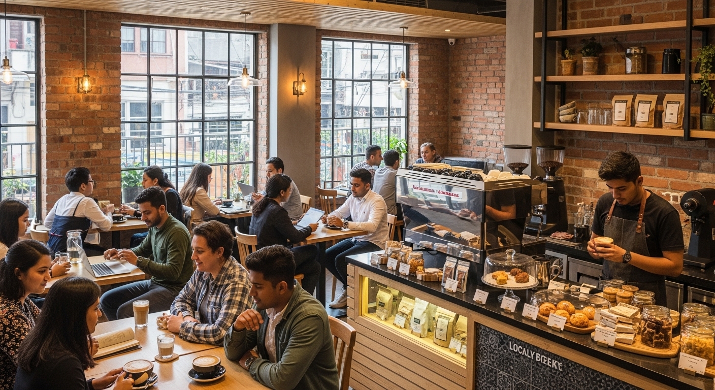 A dynamic and inviting image of a modern, bustling specialty coffee shop in Kathmandu, Nepal. Show young Nepali urban professionals and students enjoying artisanal coffee drinks in a stylish, well-lit cafe setting. The image should convey a sense of vibrant social culture, quality, and a contemporary lifestyle, with elements like latte art or aesthetically pleasing coffee cups visible.