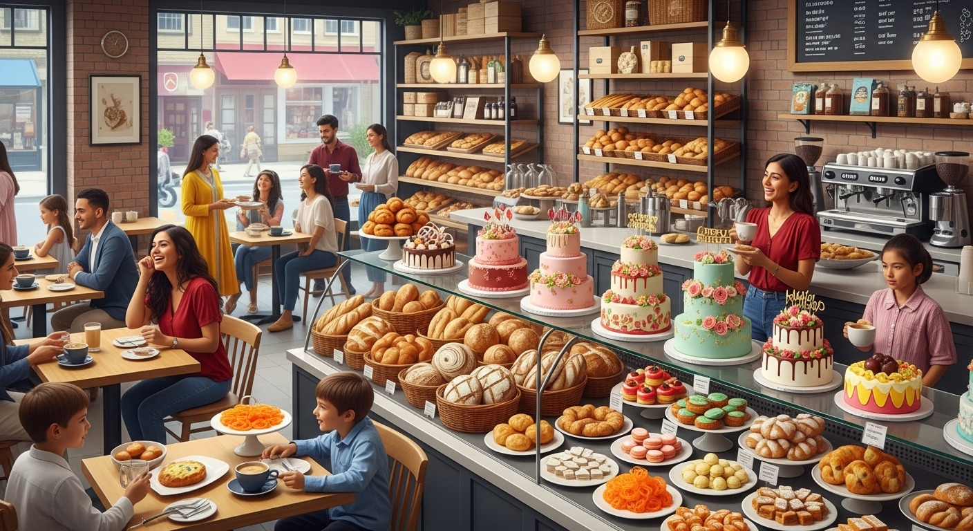 A bustling, modern Nepali bakery in an urban setting, featuring beautifully decorated celebratory cakes, artisan breads, and pastries on display. Diverse Nepali customers are seen enjoying their treats, reflecting the 'cake culture' and evolving consumer tastes. Bright and inviting atmosphere.