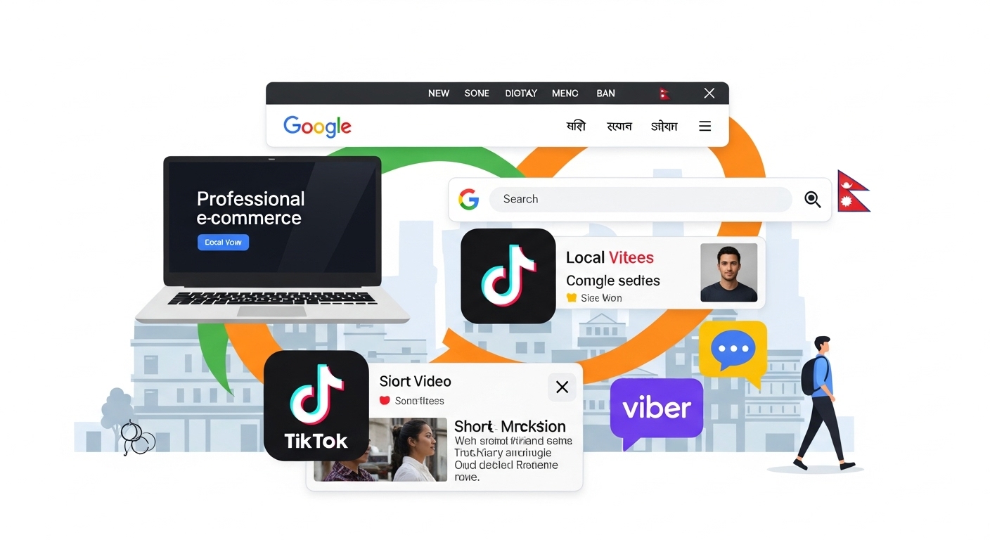 A visually striking graphic or illustration representing the new digital marketing landscape in Nepal after a social media ban. Key elements like a prominent, professional e-commerce website, Google search bar with local results, TikTok logo with short video content, and Viber chat bubbles are intertwined, symbolizing the shift from old platforms. The background can subtly hint at Nepali urban life.