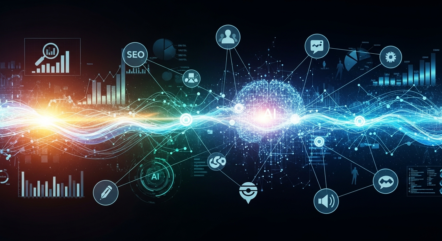 A dynamic, abstract image representing the evolution and strategy of digital marketing. Features interconnected digital network lines, subtle human silhouettes, data visualizations, and icons for SEO, social media, and content, symbolizing the bridge between algorithms and audiences with a hint of AI influence.