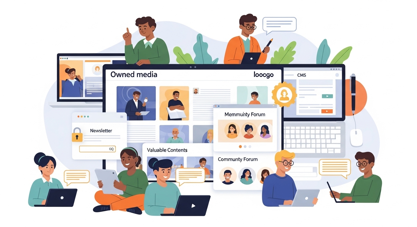 An image depicting the concept of 'owned media' and building direct audience relationships. Focus on elements like a brand's content hub (e.g., a blog or website interface), a diverse and engaged audience interacting directly with valuable content (reading articles, signing up for newsletters), and subtle symbols of trust, community, and content creation. Illustrate this as a thriving digital ecosystem built around authentic engagement, with a warm, inviting, and professional aesthetic that contrasts with abstract algorithms or paid advertising.