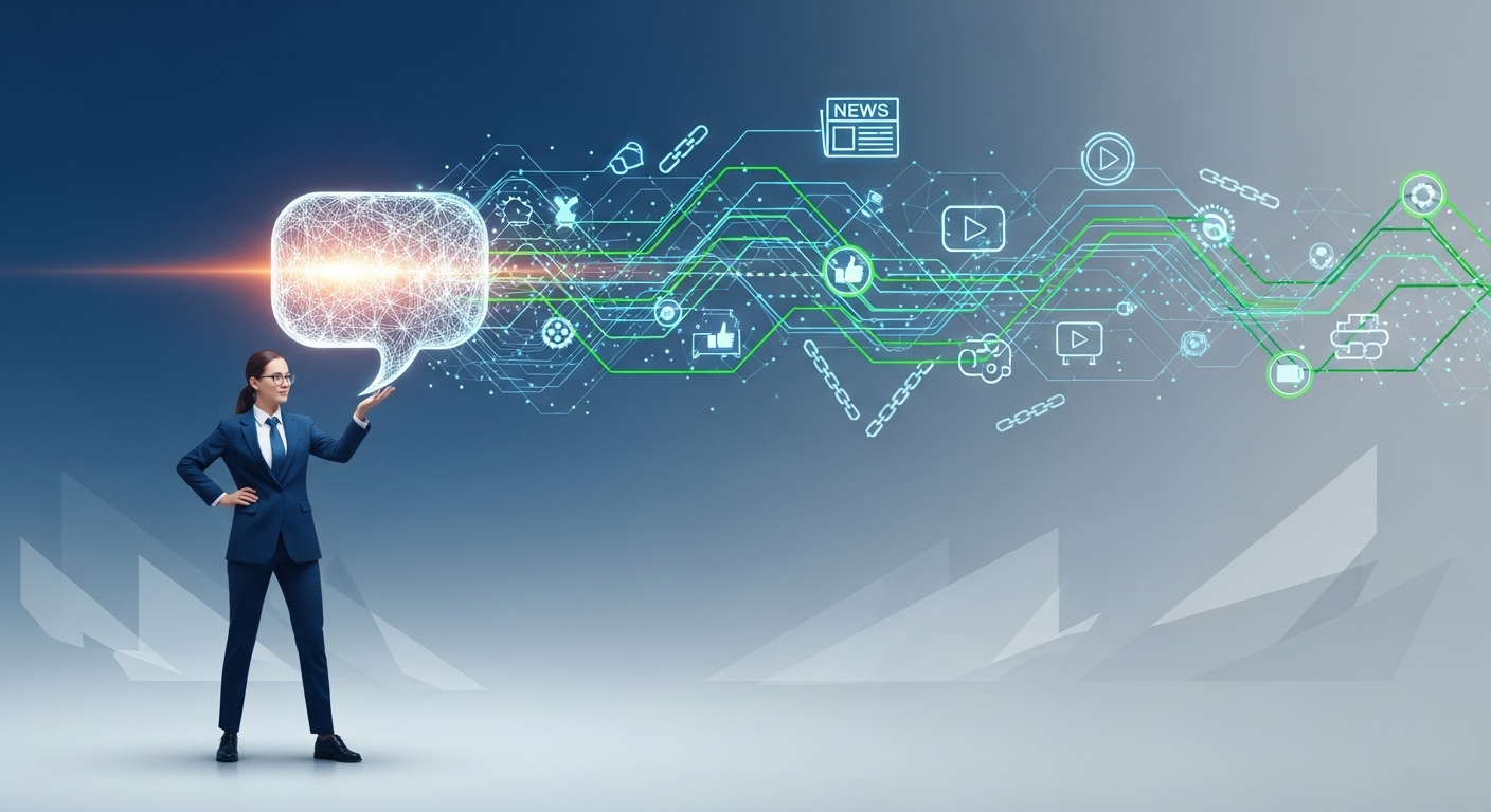 Digital PR: Storytelling for Lasting SEO Links & Authority 1 A professional figure symbolizing a digital PR specialist, holding a stylized microphone or a glowing speech bubble, with interconnected digital lines and media icons (news, social, links) flowing outwards, representing storytelling and lasting connections. The background is clean and modern, conveying growth and strategic communication.