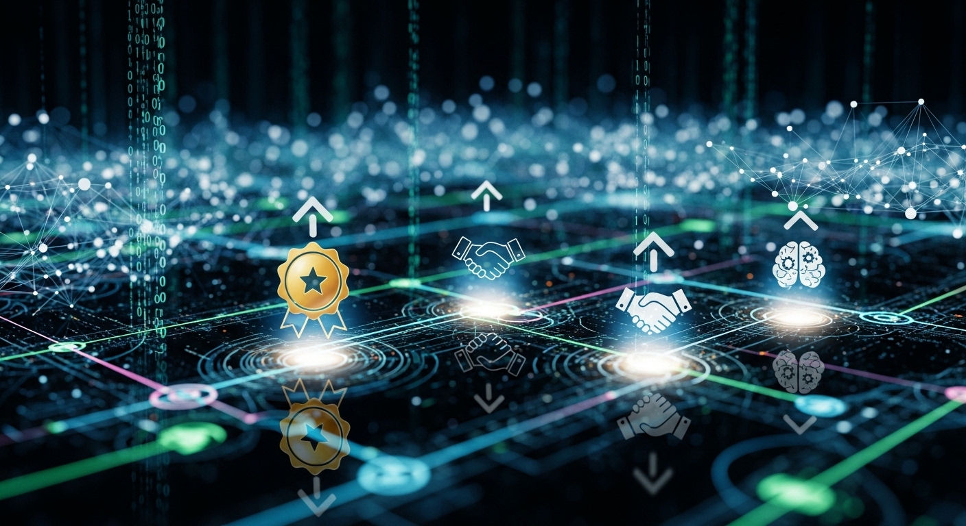 Digital PR: Storytelling for Lasting SEO Links & Authority 2 A complex, glowing network of interconnected nodes and data streams, symbolizing a sophisticated search engine algorithm. In the foreground, stylized icons representing trust signals like a badge of authority, a handshake for trustworthiness, and a brain for expertise, are being highlighted and rewarded by the algorithm's positive feedback loops. The background is abstract and digital, conveying intelligence and integrity.