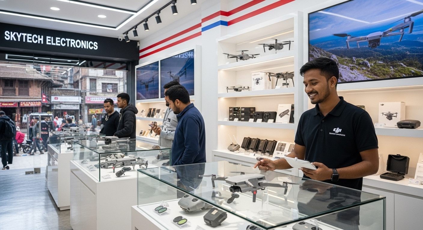 A modern electronics store in Kathmandu, Nepal, displaying various DJI drones on shelves and in glass cases. A salesperson is interacting with a customer. The scene is bright, reflecting a competitive retail environment for consumer electronics.