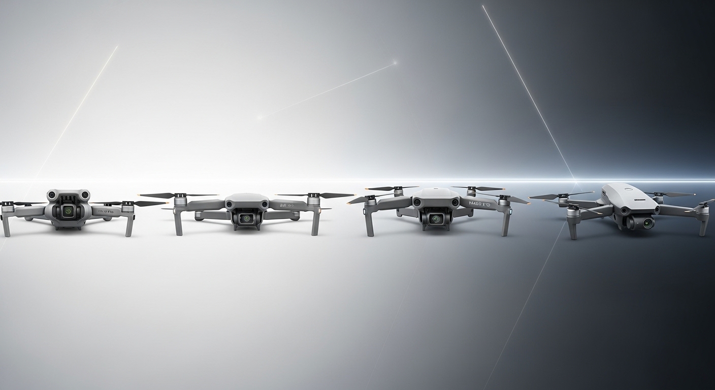 A clean, studio-style product lineup featuring four distinct DJI drones: a compact DJI Mini 4 Pro, a sleek DJI Air 3S, a robust DJI Mavic 3 Pro, and a futuristic DJI Avata 2 FPV drone. The drones are positioned clearly to highlight their individual characteristics and size differences, against a neutral, technical background.