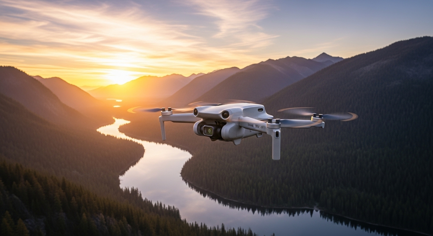 A sleek, compact DJI Mini 5 Pro drone flying gracefully at sunrise over a stunning natural landscape, showcasing its portable yet powerful design. Emphasize its professional-grade capabilities with soft, cinematic lighting.