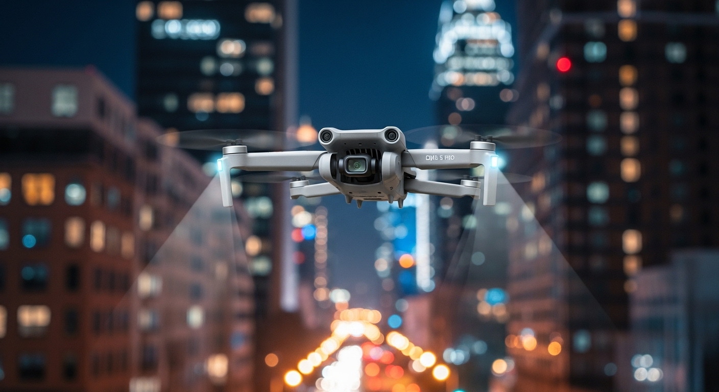 A DJI Mini 5 Pro drone flying safely at night in an urban environment, with subtle light beams emanating from its front to represent its LiDAR obstacle sensing. The scene should convey advanced safety and confidence in low-light conditions, with city lights in the background.