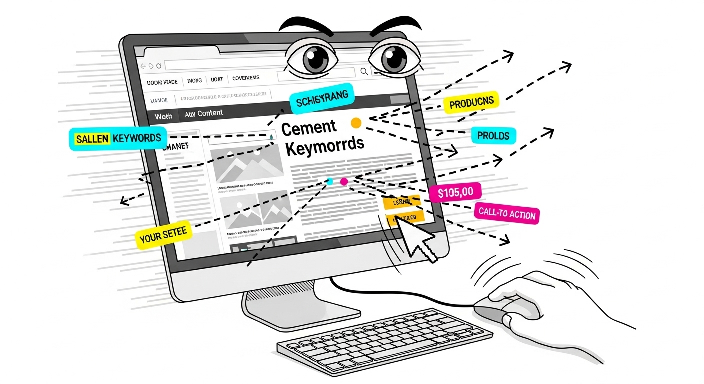 A user quickly scanning a cluttered web page, with various elements highlighted to show quick visual parsing for keywords and relevant information, illustrating the 'we don't read pages; we scan them' principle. The user's gaze is darting across the screen, indicating haste and efficiency. Digital art, clean lines, high contrast.