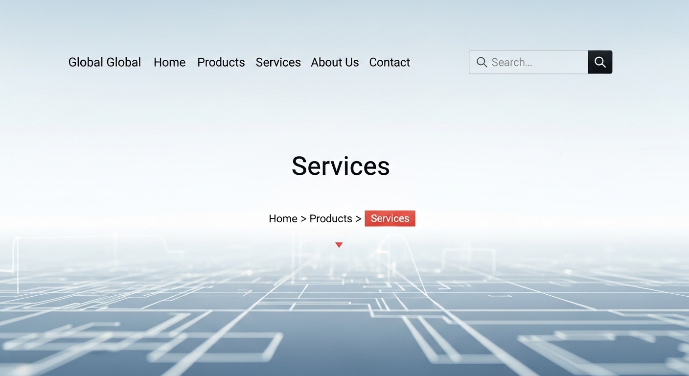 A clear and intuitive website navigation system, featuring persistent global navigation, prominent page names, an active 'You Are Here' indicator (like a breadcrumb trail), and an easily accessible search bar. The elements are well-organized, providing a strong sense of location and direction within the abstract digital space. Modern, minimalist UI design.