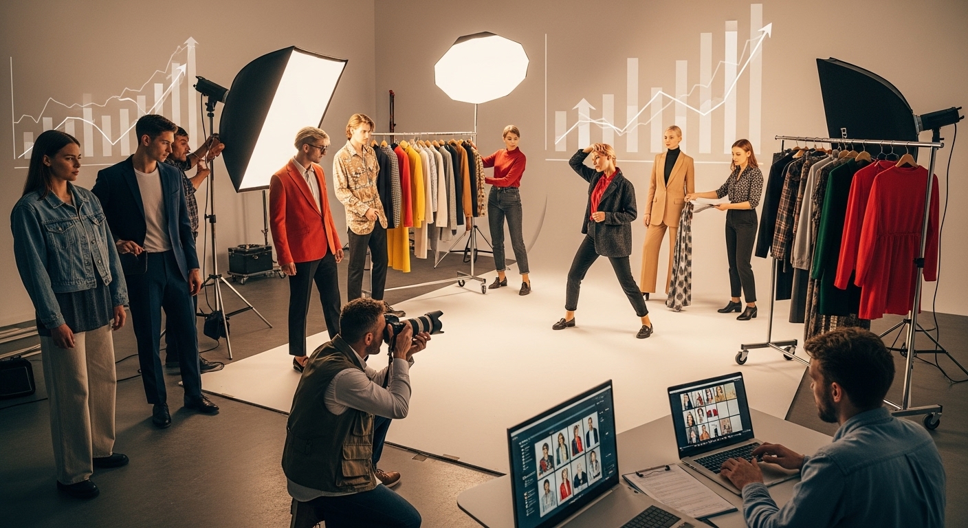 A vibrant, dynamic image showcasing a successful e-commerce photoshoot in progress, with diverse models wearing stylish clothing, a photographer capturing shots, and crew members efficiently managing the set. The scene should convey creativity, efficiency, and professionalism, with subtle elements of financial growth or investment (e.g., stylized charts or upward arrows in the background).