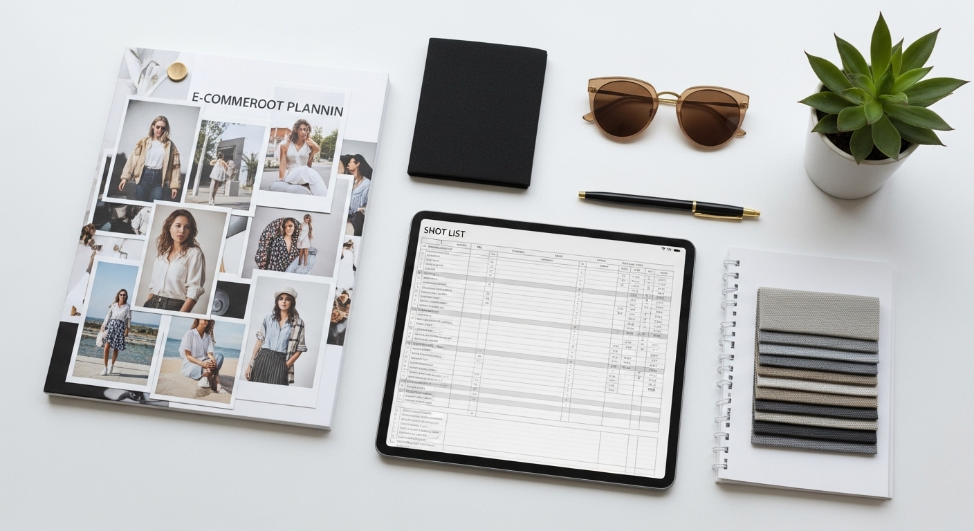 A highly organized and visually appealing flat lay of e-commerce photoshoot planning tools: a neatly arranged physical mood board with inspiring images, a detailed shot list spreadsheet displayed on a modern tablet, a carefully selected prop (e.g., a chic pair of sunglasses or a small, elegant plant), and samples of high-quality fabrics, all arranged on a clean, light-colored surface. The composition should highlight meticulous pre-production and preparation.