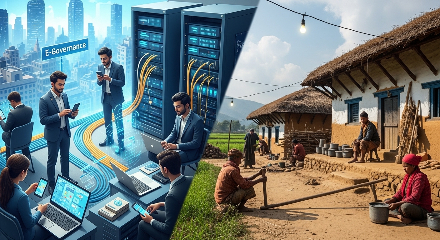A visual representation of the digital divide in Nepal, with one half of the image showing modern, interconnected digital infrastructure, e-governance interfaces, and people using smartphones in an urban setting. The other half should depict a rural Nepalese village scene with traditional elements, showing a lack of access to technology, symbolizing the profound gap between digital ambition and ground reality. The mood should be thought-provoking, highlighting the challenge.