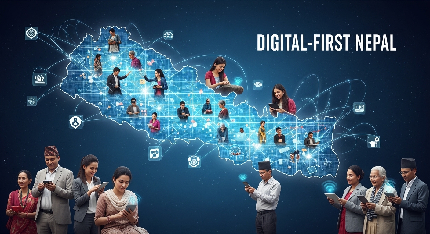 A hopeful and futuristic vision of a 'Digital-First Nepal'. The image should feature a stylized map of Nepal overlayed with glowing lines of data and interconnected networks, representing ubiquitous digital infrastructure. Diverse Nepalese citizens (men, women, young, elderly, from both urban and rural backgrounds) are shown seamlessly interacting with various e-governance services on modern devices, symbolizing widespread digital inclusion, trust, and accelerated service delivery. Emphasize a vibrant and prosperous digital future where technology benefits all.