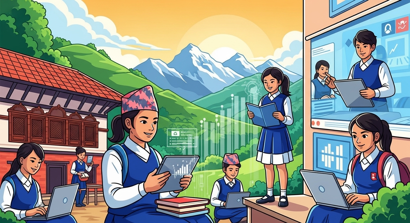 A vibrant illustration depicting the rapid digital transformation of education in Nepal. Show a mix of traditional Nepali school elements (e.g., student uniforms, a mountainous backdrop) with modern digital learning tools (laptops, tablets, online classes). Emphasize growth and the blend of old and new.