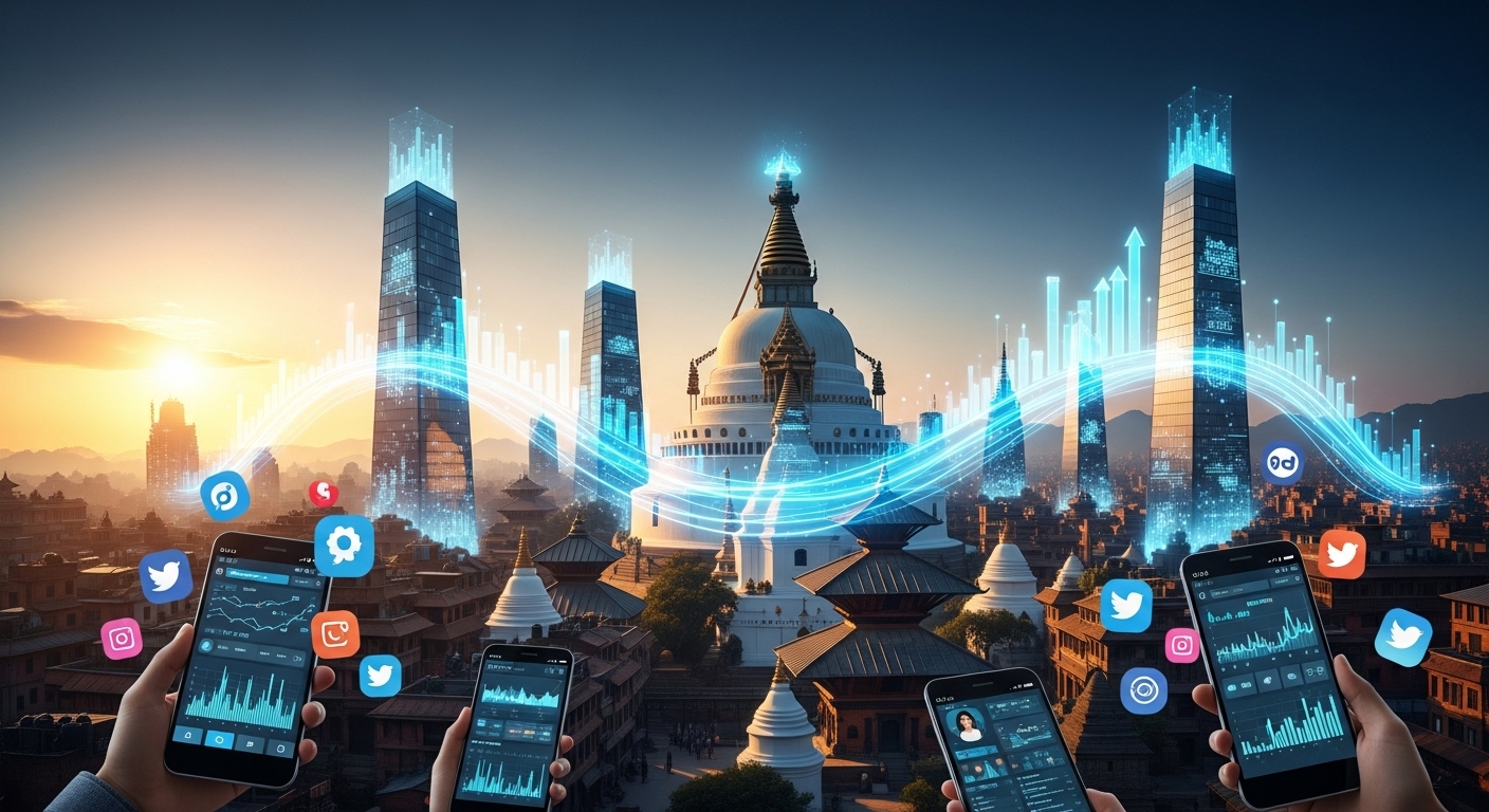 Futuristic digital marketing landscape in Nepal, showing dynamic data streams and growth charts emerging from a modern Kathmandu skyline. Illustrate a blend of traditional Nepali architecture with glowing digital interfaces, highlighting mobile devices and social media icons, symbolizing the 'leapfrog' effect and the elevation of industry standards. Emphasize innovation and strategic maturity.