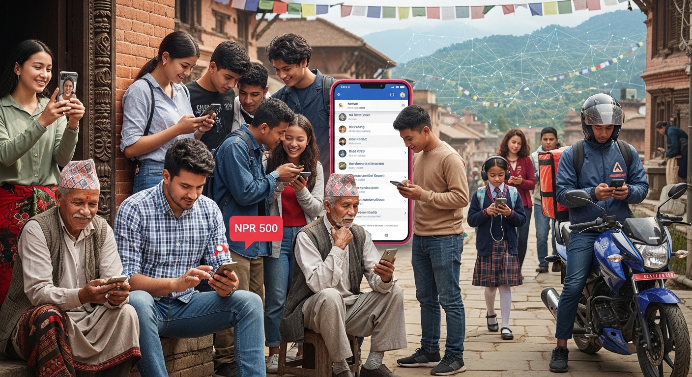 Vibrant scene depicting diverse Nepalese individuals across various generations and regions actively engaged with their smartphones. Illustrate them using mobile devices for social media, communication, and commerce, set against a backdrop that blends traditional Nepali elements with modern digital overlays. Emphasize the ubiquitous and mobile-first nature of internet access in Nepal, showcasing the 'connectivity boom'.