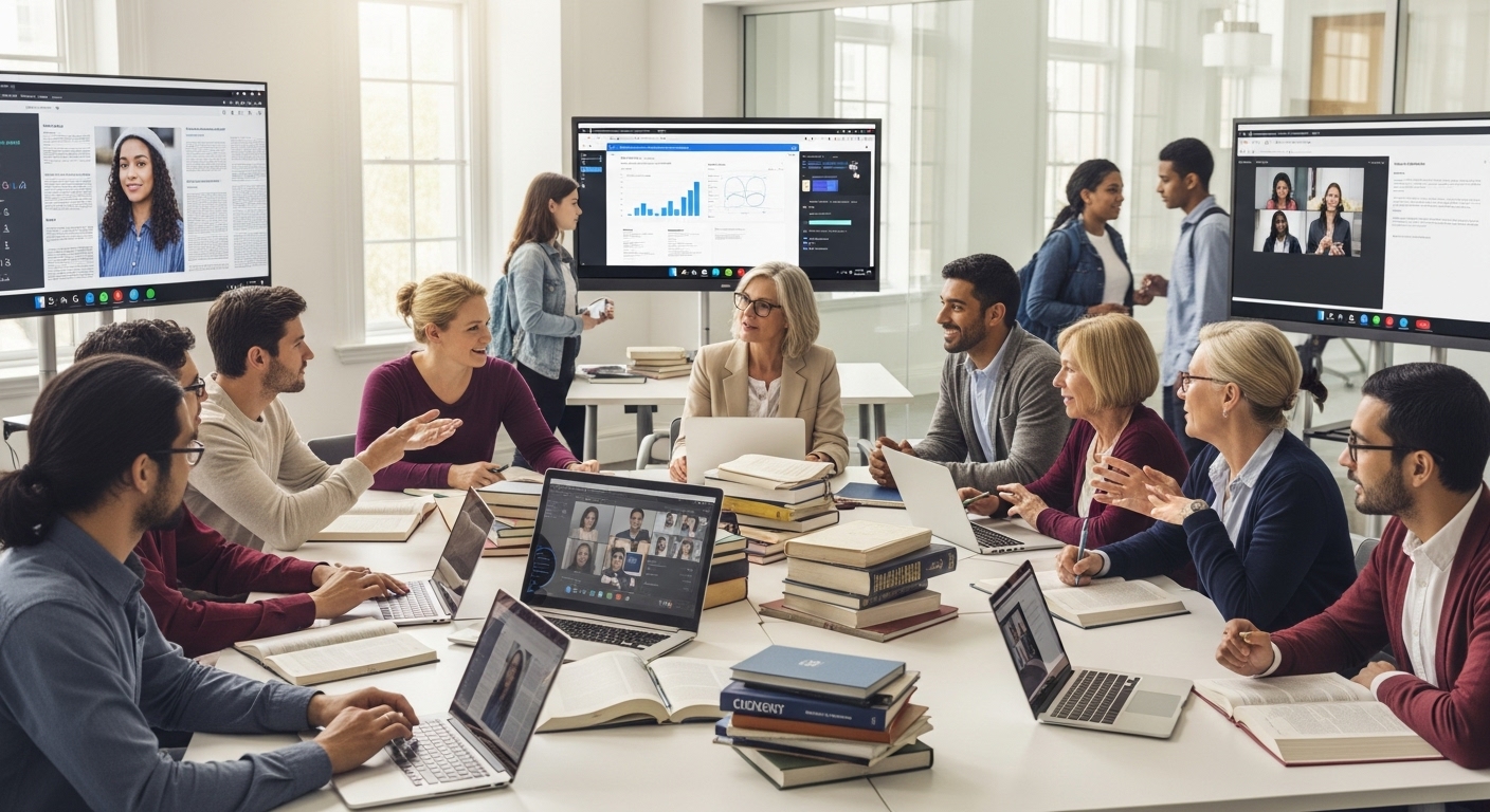 A diverse group of college teachers engaging in professional development, surrounded by digital screens and traditional books, symbolizing the evolving, complex landscape of 21st-century higher education and the integration of diverse students.