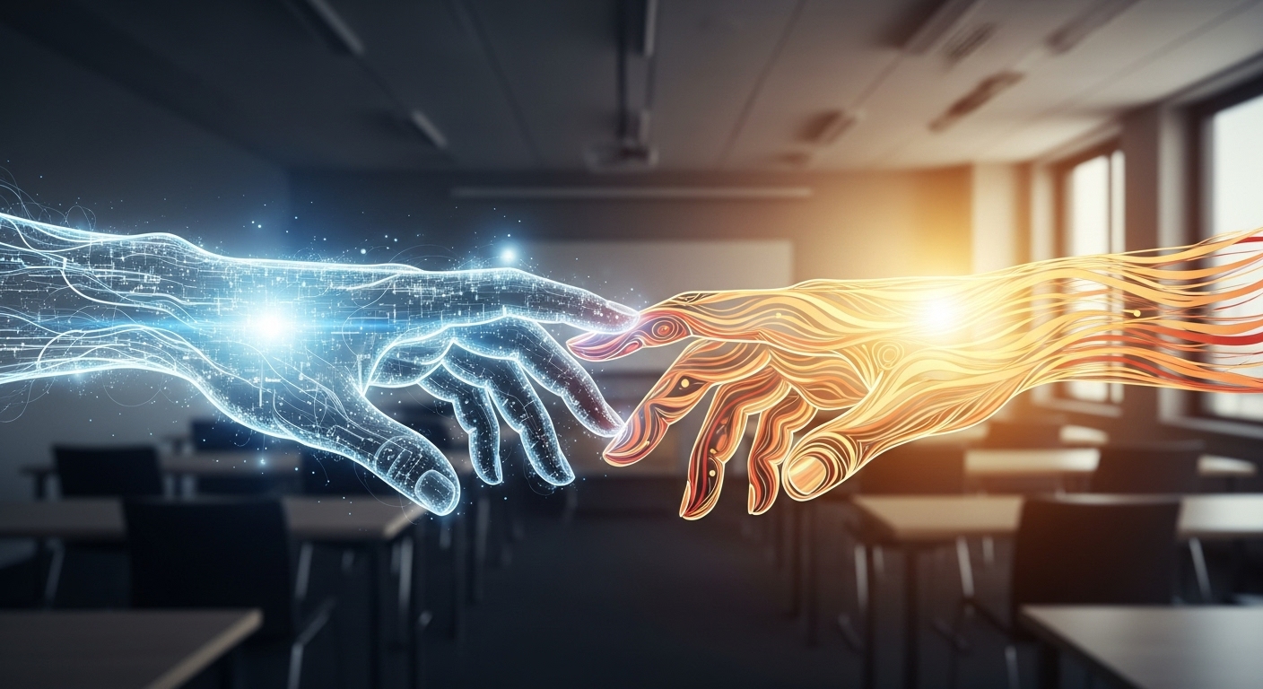 An abstract image showing two hands, one representing scientific rigor with subtle brain or data patterns, and the other representing human connection and empathy with warm, flowing lines, intertwining in a classroom or university setting, symbolizing the integration of pedagogical science and the teacher's authentic self.