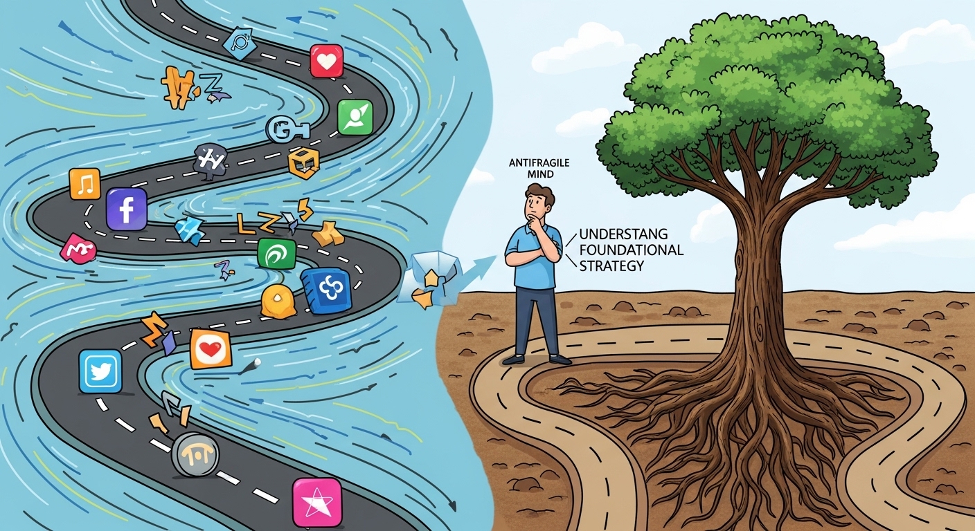 A stylized illustration depicting two contrasting paths: one a winding, chaotic, rapidly changing digital highway filled with fleeting trends and platform logos, and the other a solid, deeply rooted tree representing timeless marketing principles and human psychology. A resilient, adaptable marketer stands at the intersection, choosing the path of understanding foundational strategy to build an 'antifragile mind'. Digital art, conceptual, vibrant colors.
