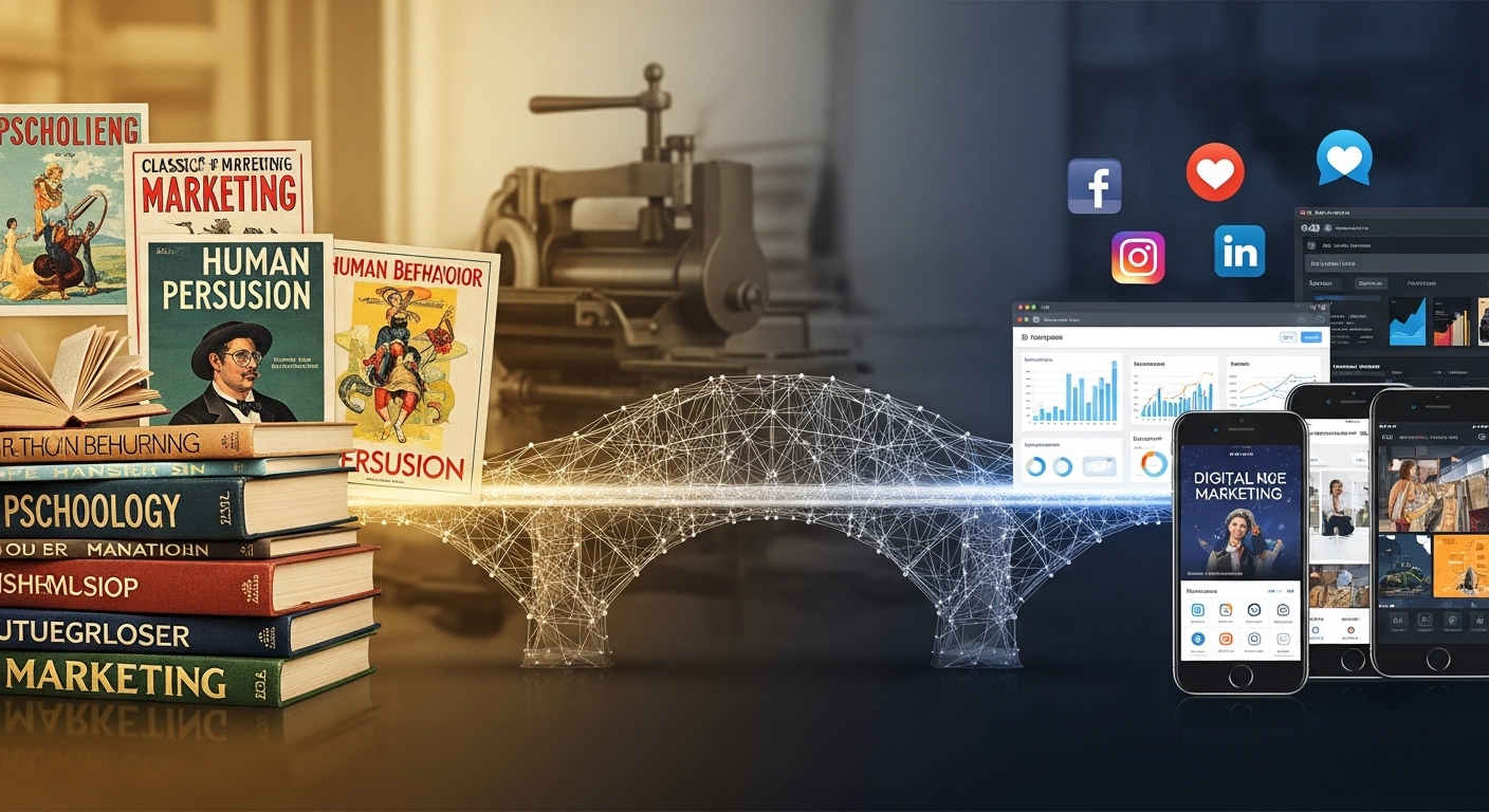 A digital collage or composite image showing a bridge connecting classic marketing artifacts (e.g., old advertising posters, vintage psychology books) on one side, to modern digital marketing elements (e.g., social media icons, website analytics dashboards, smartphone screens) on the other. The bridge itself should represent strategic frameworks and communication, symbolizing the translation of timeless principles into actionable digital models. Clean, modern aesthetic with a hint of historical wisdom.