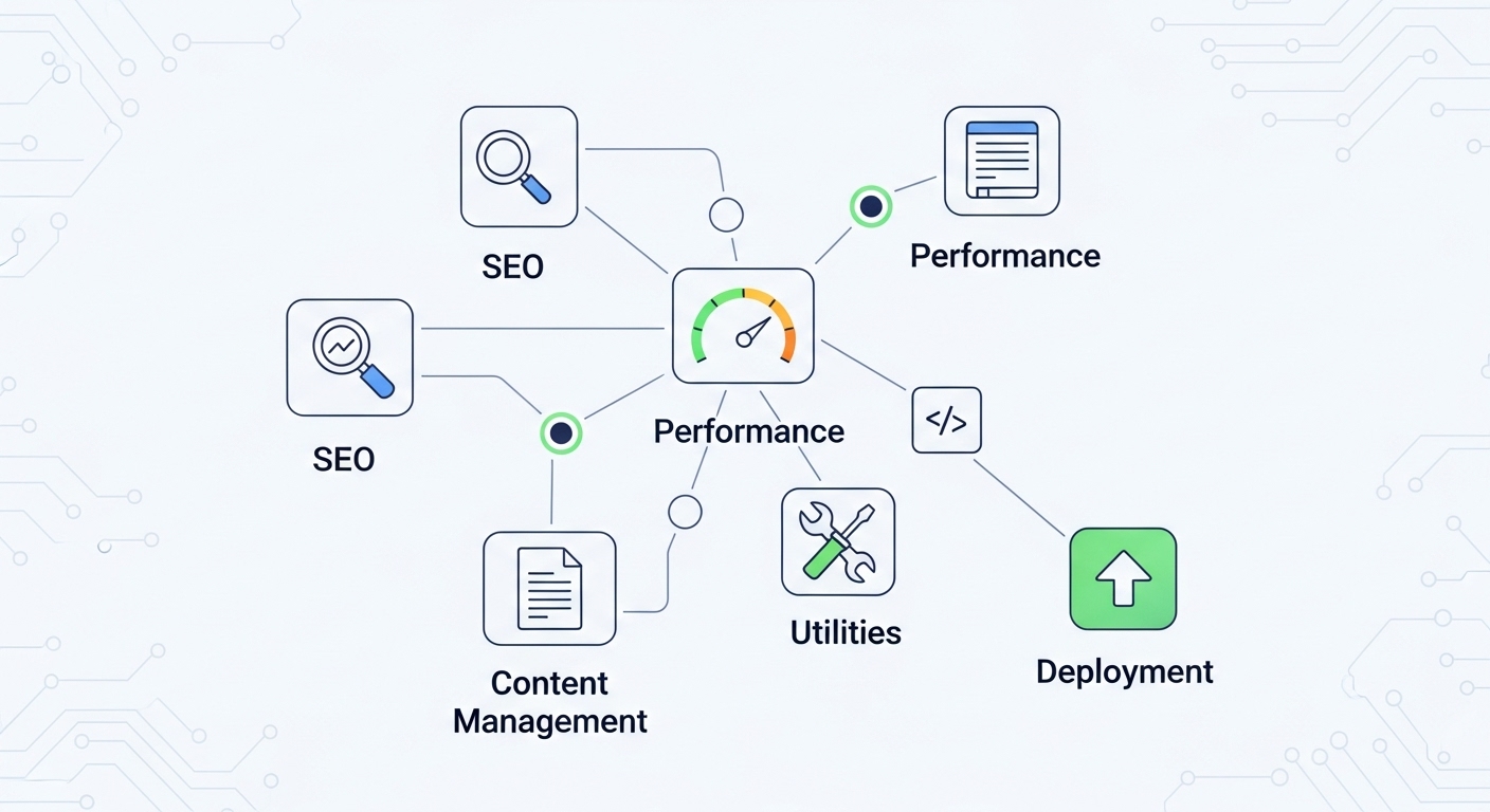 A clean, modern digital toolkit illustration. Various interconnected components are labeled with terms like 'SEO', 'Performance', 'Content Management', 'Utilities', and 'Deployment', representing the essential plugins for a Jekyll website. The background is subtle, tech-inspired.