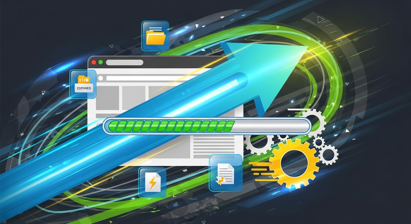 An abstract, dynamic illustration symbolizing web performance optimization. A speeding arrow or a rapidly filling progress bar overlays a browser window, surrounded by small, optimized files and gears. The color scheme should convey speed and efficiency.