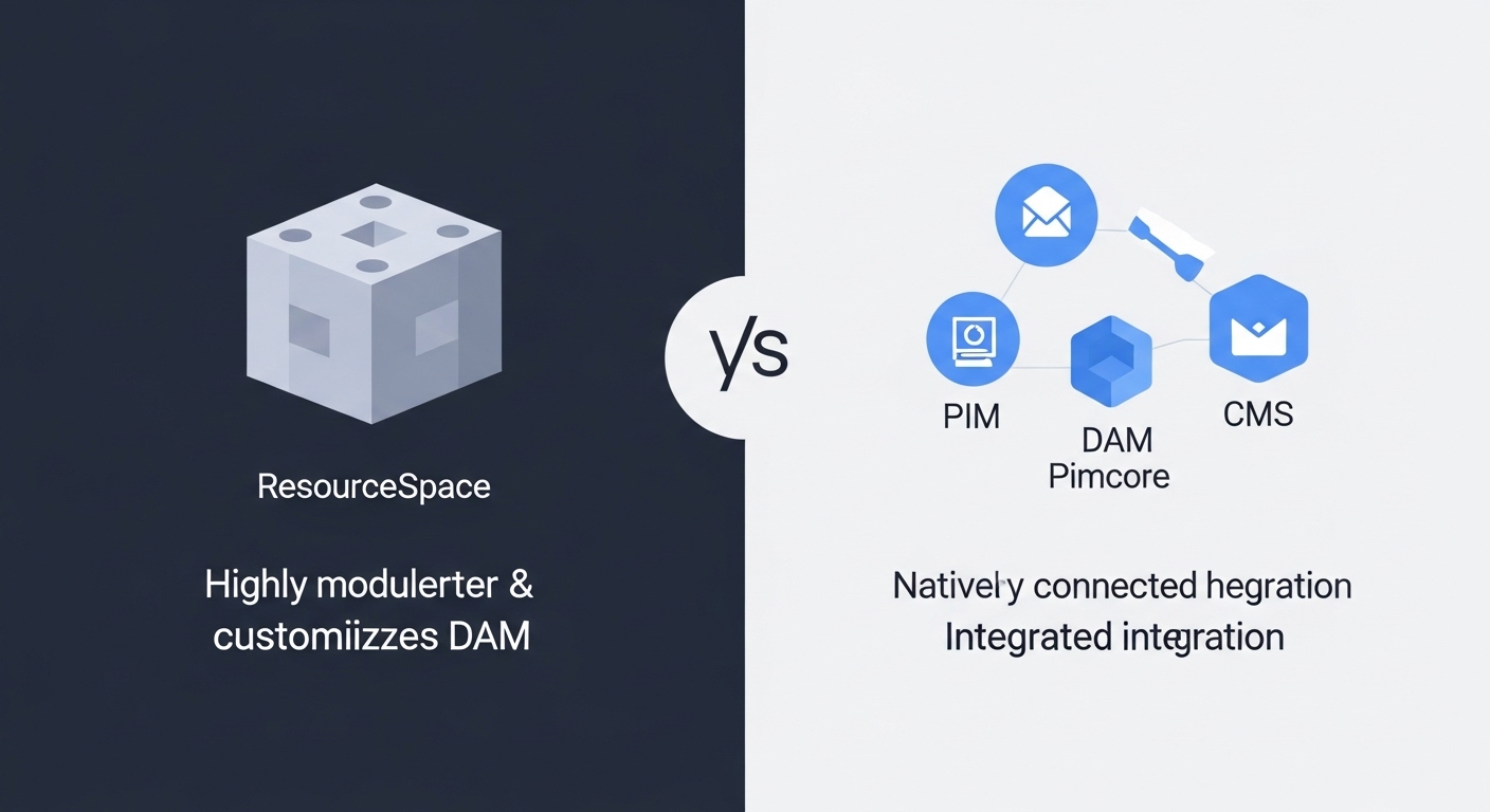 A visual metaphor representing the strategic divergence between two types of open-source Digital Asset Management (DAM) solutions. On one side, show a highly modular and customizable building block, symbolizing a "pure-play" DAM that requires integration (like ResourceSpace). On the other side, depict a comprehensive, all-in-one platform with natively connected components (PIM, DAM, CMS), symbolizing an integrated solution (like Pimcore). Emphasize the trade-offs between specialization and holistic integration.