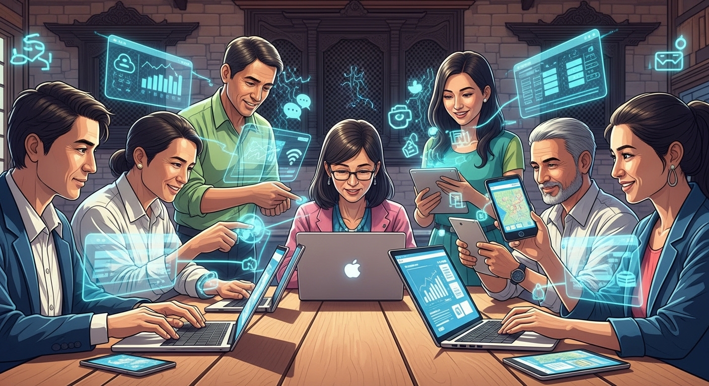 A vibrant, illustrative image showing a diverse group of Nepali NGO workers collaboratively using laptops, tablets, and smartphones, surrounded by subtle digital interfaces and icons representing various software (e.g., cloud, data, communication). The overall theme should convey digital empowerment and streamlined operations for social impact in a Nepali context.