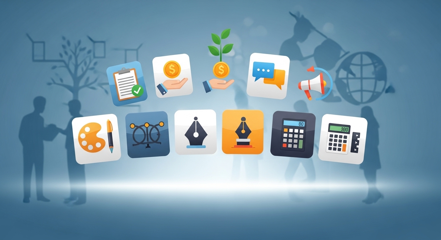 A graphic or illustrative image depicting a toolkit or a collection of diverse digital tools (icons representing project management, fundraising, communication, design, accounting software) arranged neatly, symbolizing a comprehensive digital solution for non-profits. The background can subtly hint at community work or social impact.