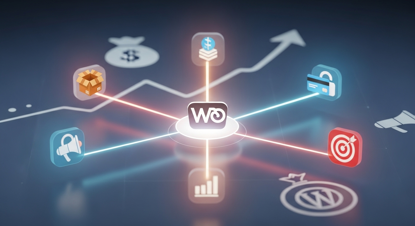 A conceptual image illustrating a complex but well-organized e-commerce ecosystem. Show a central WooCommerce logo or icon connected by glowing lines to various plugin icons representing shipping, inventory, payment, and marketing. The overall feel should be efficient and budget-friendly, perhaps with subtle representations of savings or growth in the background. Use a clean, modern, digital art style.