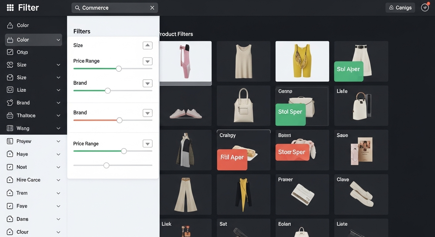 An illustration of an e-commerce product page interface. On the left, a sidebar with various product filter options (e.g., color, size, brand, price range sliders). In the main content area, a grid of products being dynamically updated in real-time as filters are applied, without a page refresh. The image should convey ease of use and advanced product discovery.