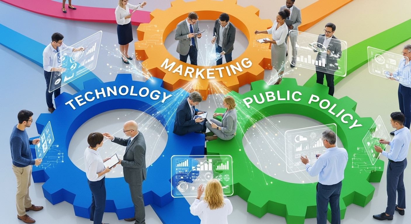 An abstract depiction of three intersecting gears or pathways labeled 'Technology,' 'Marketing,' and 'Public Policy,' with diverse professionals collaborating around them, suggesting future career convergence and innovation. Use a modern, dynamic, and forward-looking style with a bright color palette.