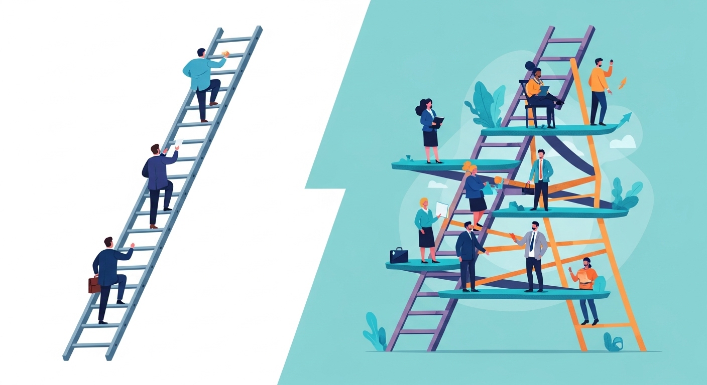 A visual metaphor contrasting a rigid, traditional 'corporate ladder' with a flexible, interconnected 'career lattice.' The ladder should appear linear and somewhat outdated, while the lattice should be dynamic, showing multiple pathways and connections. Diverse professional figures should be depicted navigating the lattice, suggesting multi-directional growth, continuous learning, and adaptability. Use a modern, optimistic, and slightly abstract style with bright colors to represent future opportunities.
