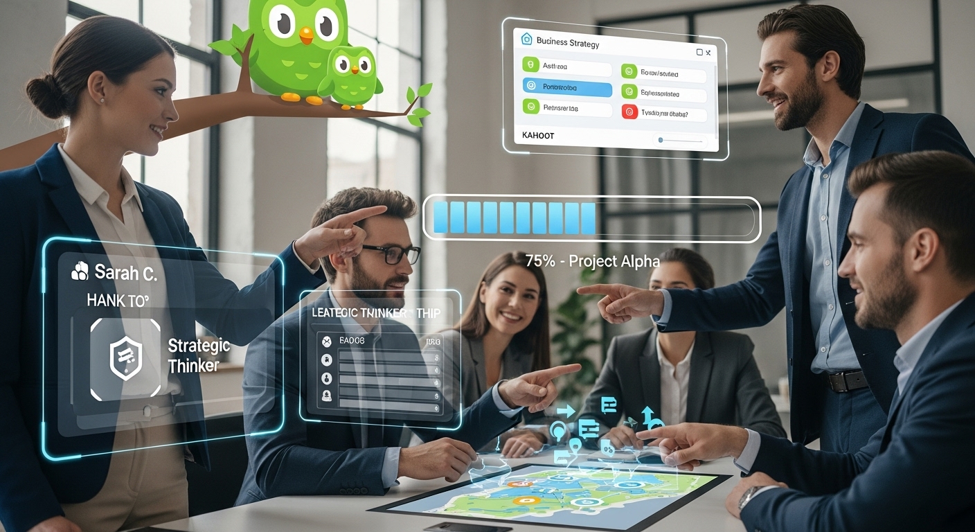 A dynamic visual combining business professionals interacting with gamified elements like progress bars, badges, and leaderboards, subtly integrated with educational tech symbols (e.g., Duolingo's owl, Kahoot's quiz interface). The scene should evoke engagement, learning, and strategic advantage.