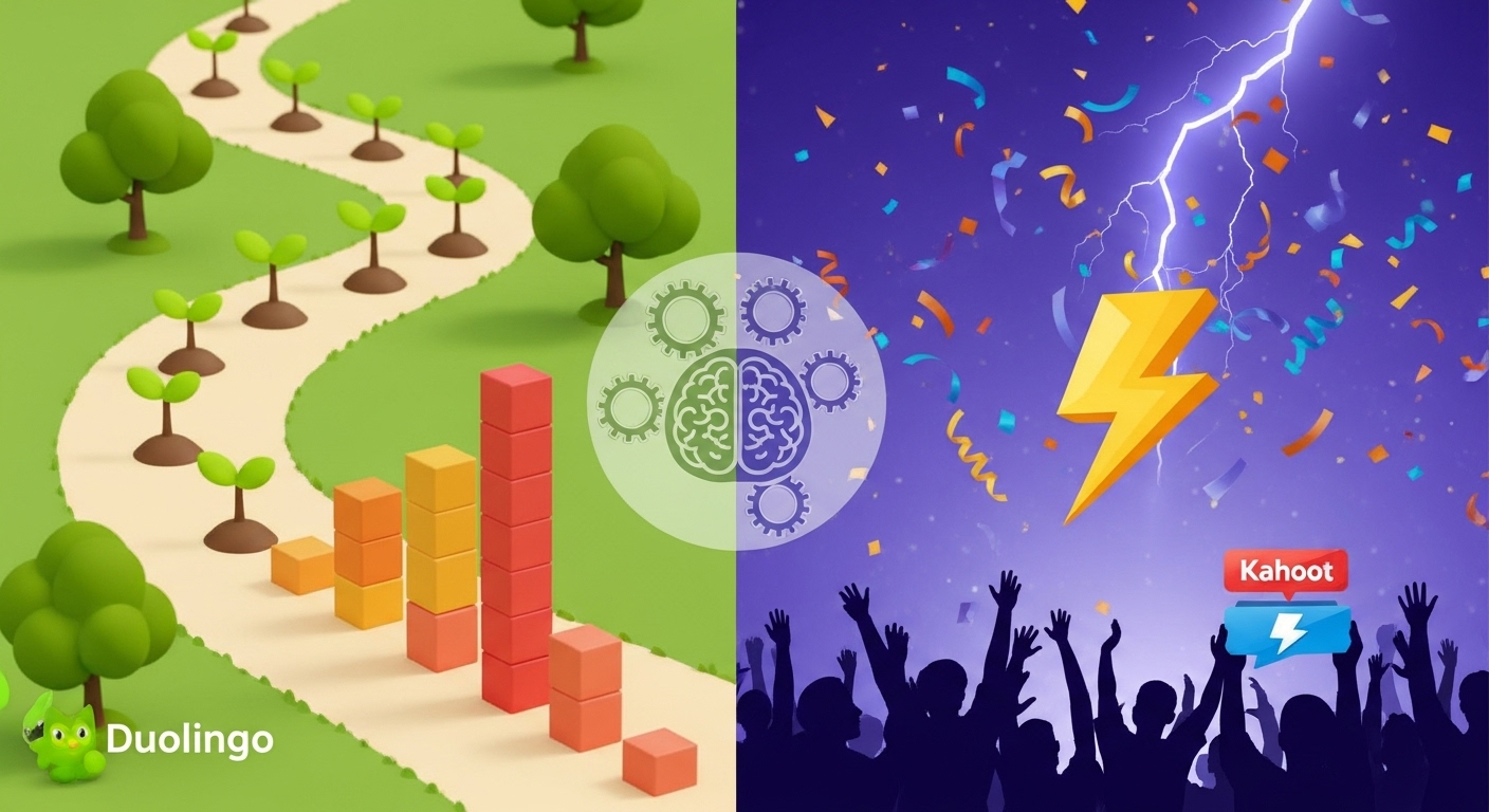 A visual contrast between two distinct types of engagement: on the left, a path winding through growing saplings or a slowly but steadily accumulating stack of blocks, representing long-term habit formation and sustained progress (like Duolingo). On the right, a dynamic explosion of confetti and cheering figures or a lightning bolt striking, representing short-term, high-energy event-based excitement and immediate gratification (like Kahoot). Connect these two contrasting scenes with subtle, abstract elements like overlapping gears or a brain icon, symbolizing the underlying psychological principles and frameworks that drive both.